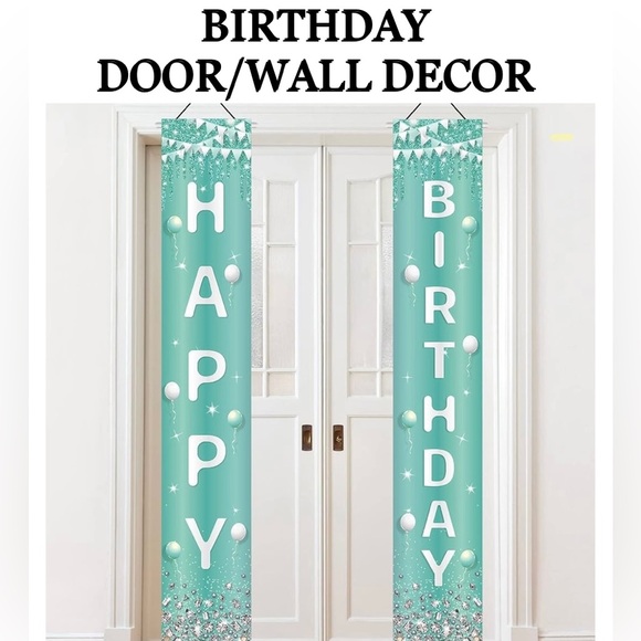 WILLBOND Teal/Sliver Happy Birthday 2pc hanging Door Banner Decor size71x12 NWOT - Picture 1 of 5